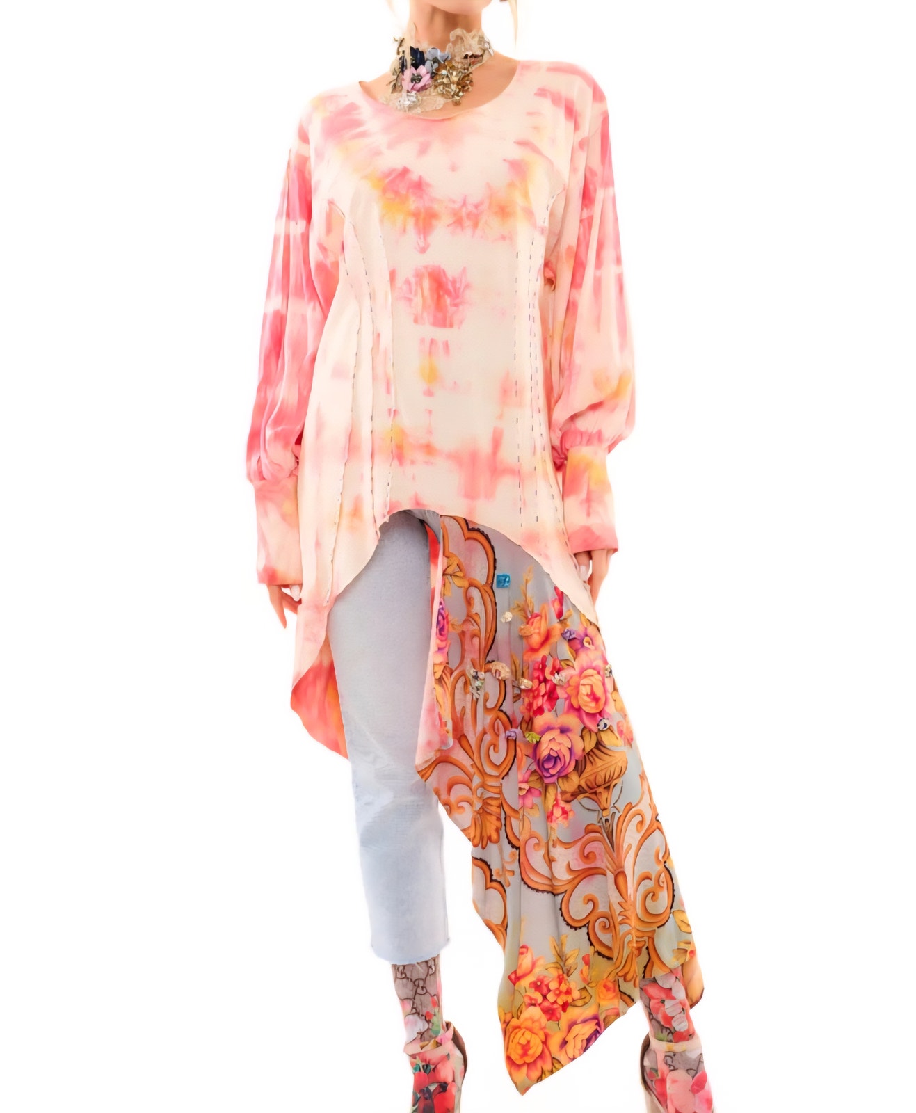 Aratta Silent Journey Gianna Tie-Dye Floral Touch Top Sz M Artsy Boho Brooch New